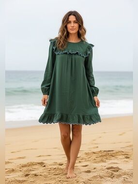 Corey Lynn Calter Dark Green Long-Sleeve Ruffle-Trim Dress